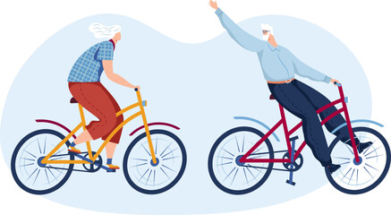 Senior man and woman ride bicycles and wave hello. Active elderly couple cycling together outdoors. Healthy lifestyle for retirees vector illustration. - obrazy, fototapety, plakaty