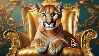 Majestic Puma sitting on a golden Grand Edwardian Chair, close up of the animal while looking at the camera on a royal chair. Wild animals immersed in luxury.