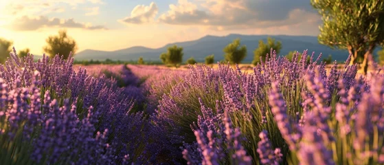  Lavender field Summer sunset landscape with tree. Blooming violet fragrant lavender flowers with sun rays with warm sunset sky © David