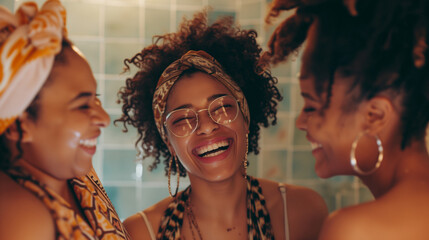 Group of diverse black women sharing laughter during a spa day, promoting unity and self-care in the context of skincare