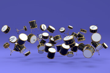 Many of flying drums or drumset on violet background