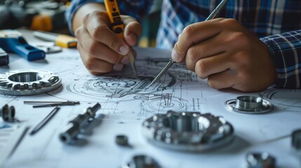 Engineer technician designing drawings mechanical parts engineering Engine manufacturing factory Industry Industrial work project blueprints measuring bearings caliper tools - 712729910