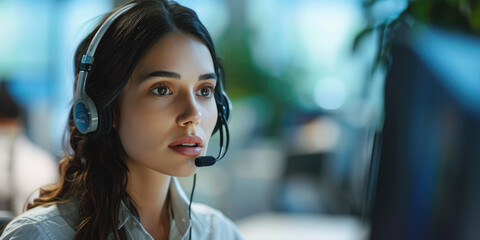 Call center. Woman answering on a phone call. Customer service concept