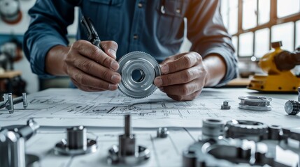 Engineer technician designing drawings mechanical parts engineering Engine manufacturing factory Industry Industrial work project blueprints measuring bearings caliper tools - obrazy, fototapety, plakaty