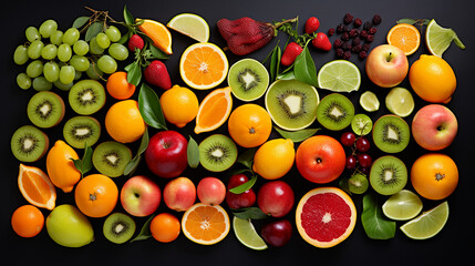 Set of varied, multicolored exotic fruits. Tangerines and oranges, kiwi and pear, persimmon and lychee. Black Background. Generate AI - obrazy, fototapety, plakaty