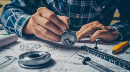 Engineer technician designing drawings mechanical parts engineering Engine manufacturing factory Industry Industrial work project blueprints measuring bearings caliper tools - obrazy, fototapety, plakaty