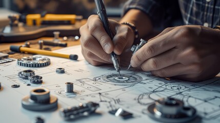 Engineer technician designing drawings mechanical parts engineering Engine manufacturing factory Industry Industrial work project blueprints measuring bearings caliper tools - 712729983