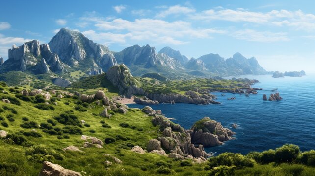 A rocky coastline with jagged cliffs rising from the sea, framed by towering mountains, creating a striking and untamed natural panorama -Generative Ai