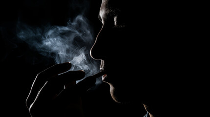 Silhouette d'une personne en train de fumer une cigarette. Sur fond noir, ambiance sombre. Tabac, cigare, fumée. Pour conception et création graphique. - obrazy, fototapety, plakaty