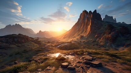 A panoramic view of mountain ranges stretching to the horizon, with the sun creating a gradient of warm tones across the landscape -Generative Ai