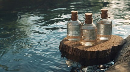 Floating experience in water, three water jugs and a piece of cork, wood, and metal nail - obrazy, fototapety, plakaty