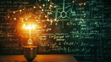 Glowing lamp as a symbol of scientific thought against the background of physical and mathematical formulas. Science and education background