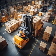 a worker in forklift in big storage modern warehouse