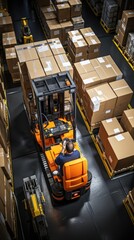 Naklejka premium a worker in forklift in big storage modern warehouse