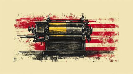 A vintage printing press emblazoned over a distressed American flag, representing the enduring legacy of the free press in the U.S.