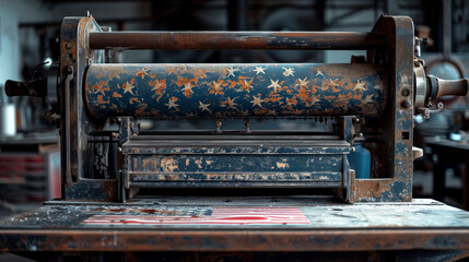  A historic printing press adorned with stars, a symbol of the press's role in shaping American history and democracy.