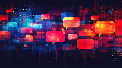 An abstract representation of colorful chat bubbles layered over a tech-inspired cityscape, evoking the idea of global digital communication.
