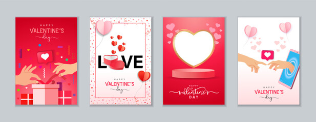 Fototapeta na wymiar Happy Valentines Day creative posters set. Couple hands, 3d heart-shaped gift box, empty podium and paper hearts on pink confetti background. Vector illustration