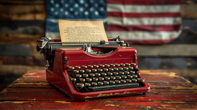  A classic red typewriter in front of an American flag, an iconic image of journalism and the free press in democratic societies.