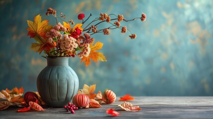 vase with an arrangement of flowers and autumn generative ai