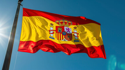 Spanish flag waves under the sun, symbolizing national pride.