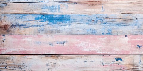 Wooden background with old blue, pink and beige horizontal planks