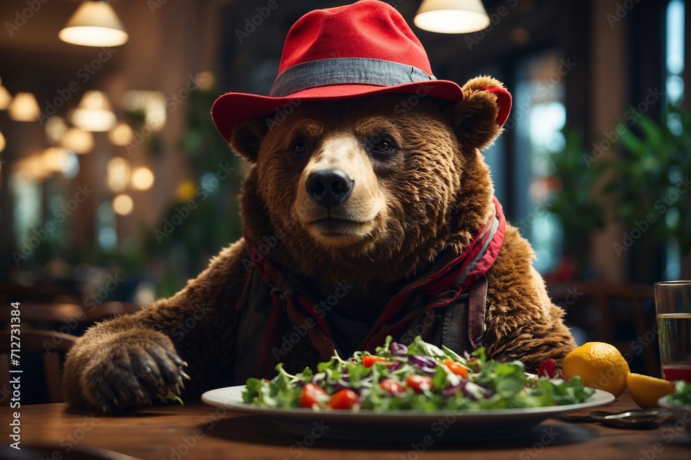 Wall mural A bear in a red hat eats a salad 