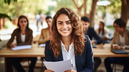 Confident young businesswoman with curly hair holding a document and smiling at the camera while her colleagues are sitting in the background - obrazy, fototapety, plakaty