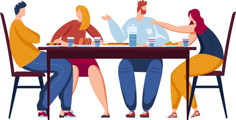 Four people sitting at a dining table enjoying a meal together. Casual dining, two women and two men engage in conversation. Friends or family gathering and eating vector illustration.