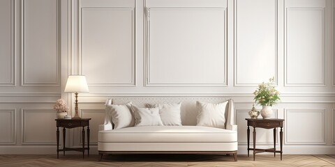 Elegant guest room with vintage furniture, white relief walls, and dark brown parquet floor.