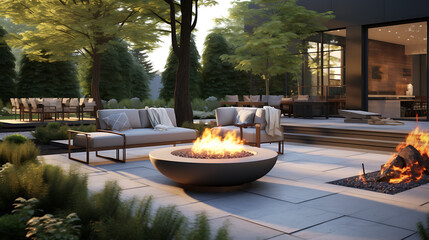 A modern backyard with a fire pit, comfortable seating, and architectural landscaping. The outdoor...