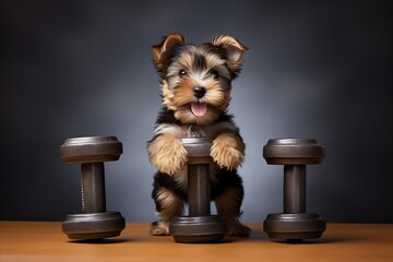 Sport and humor. Cute dog engaging in hilarious exercise routine with dumbbells for optimal fitness