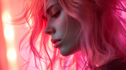 Fashion editorial Concept, Closeup Sensual portrait silhouette of beautiful woman with pink hair, illuminated dynamic composition lighting