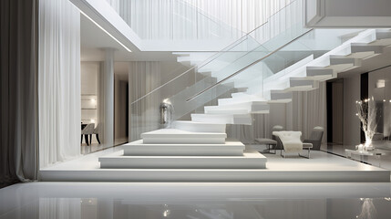 A monochromatic staircase with white marble steps and a glass balustrade. The design exudes a sense...