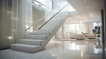 A monochromatic staircase with white marble steps and a glass balustrade. The design exudes a sense...