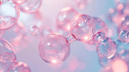 Molecule inside Transparent liquid bubble on soft background, concept skin care cosmetics solution. 3d rendering - obrazy, fototapety, plakaty