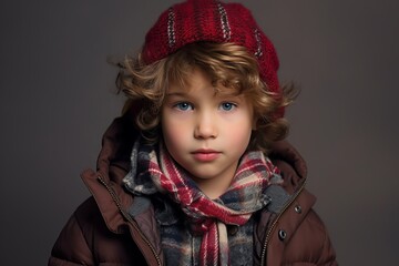 Portrait of a cute little boy in warm clothes. Winter fashion.