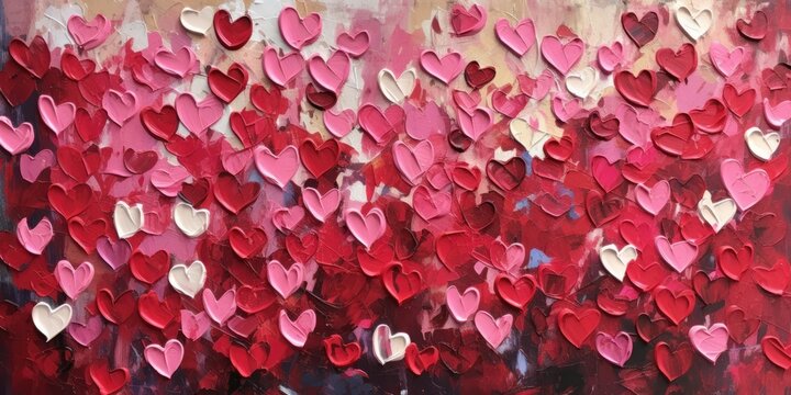 Generative AI, Closeup of impasto abstract rough colorful art painting texture with different hearts, Valentine day concept	
