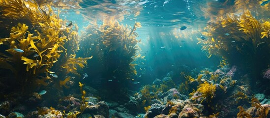 Fototapeta na wymiar Kelp forest atop rocky reef below water surface.
