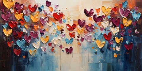 Generative AI, Closeup of impasto abstract rough colorful art painting texture with different hearts, Valentine day concept	
