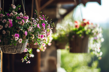 Fototapeta na wymiar Hanging baskets of blooming spring flowers. Generative AI