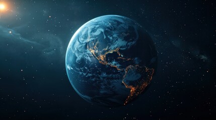 Nightly Earth planet in outer space. City lights on planet. Life of people. Solar system element