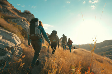 group of people hiking up a mountainside - obrazy, fototapety, plakaty