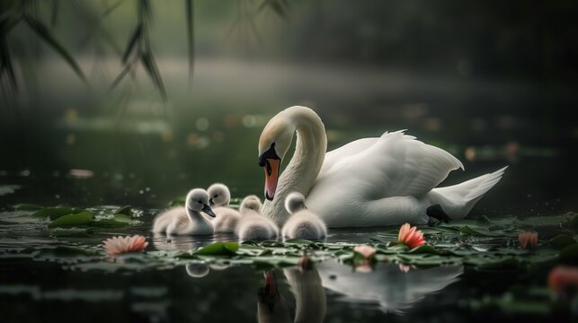 A swan surrounded by its children on a river, motherhood, water reflections, cinematic photography