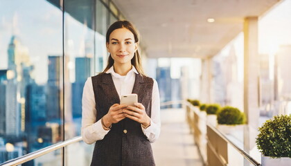 Fototapeta premium Young caucasian female project manager in skyscraper office building, using smartphone