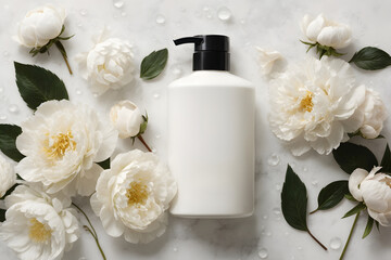 Fototapeta na wymiar shampoo soap with white flowers and place for logo