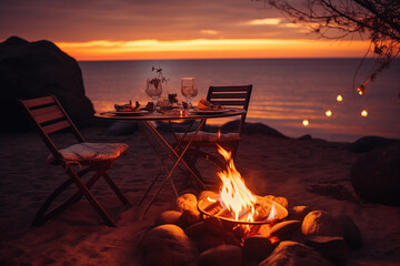 Romantic dinner on  background of bonfire outdoors and on beach. Valentine's Day. Vacation and holidays