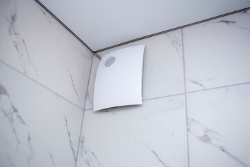 fan in the shower closed with a beautiful decorative cover, diffuser and curtain in the bath