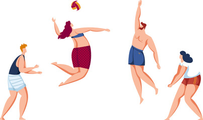 Four people playing volleyball at the beach, casual summer sport, friends having fun. Beach volleyball game in action, dynamic poses vector illustration.