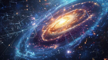 Science and research of the universe, spiral galaxy and physical formulas, concept of knowledge and education - obrazy, fototapety, plakaty